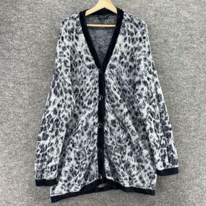 Ann Taylor Cardigan Women L Large White Animal Print Knit Button Up V-Neck
